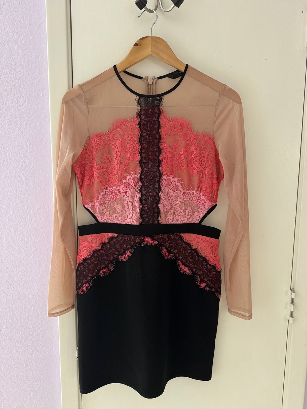 Topshop Sheer Lace Panel Bodycon Dress - Pink & Black